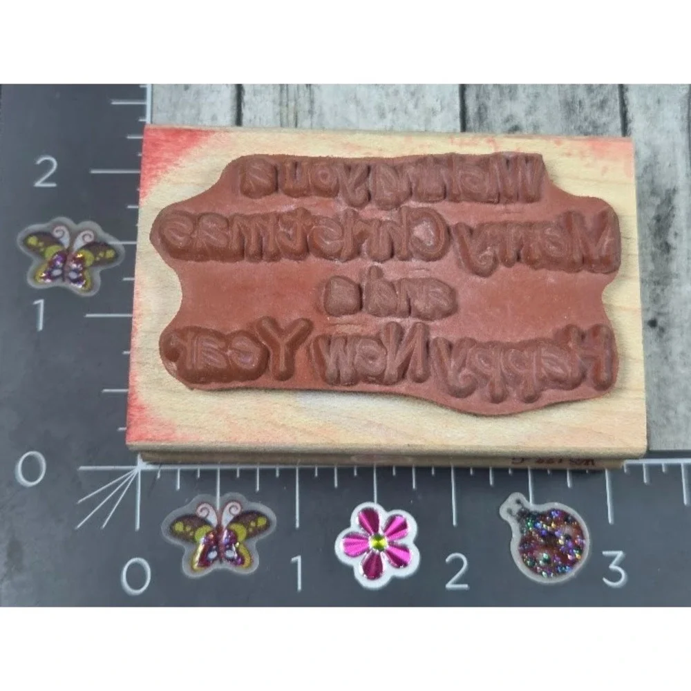 Sonlight Impressions Wishing Merry Christmas New Year Rubber Stamp Wood #H104